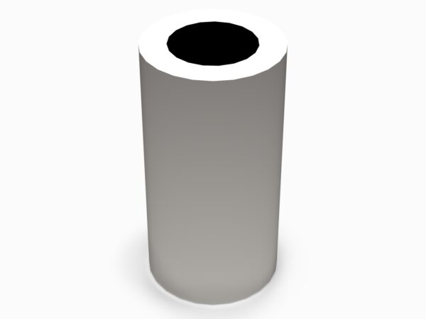 A white trash can with a black top.