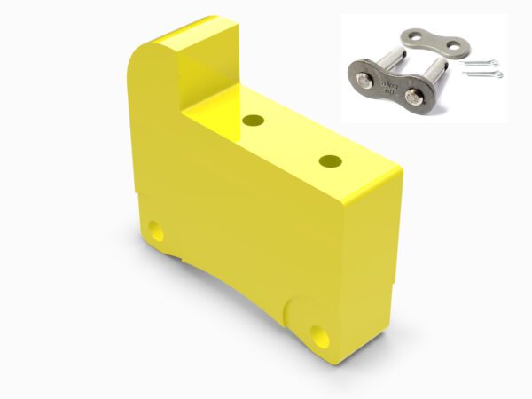 A yellow block and chain attached to it.