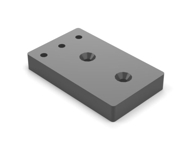 A gray piece of metal with holes for mounting.