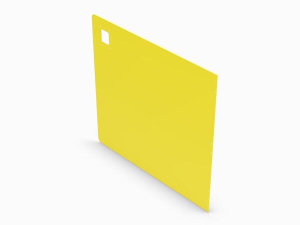 A yellow square cutting board on top of a white table.