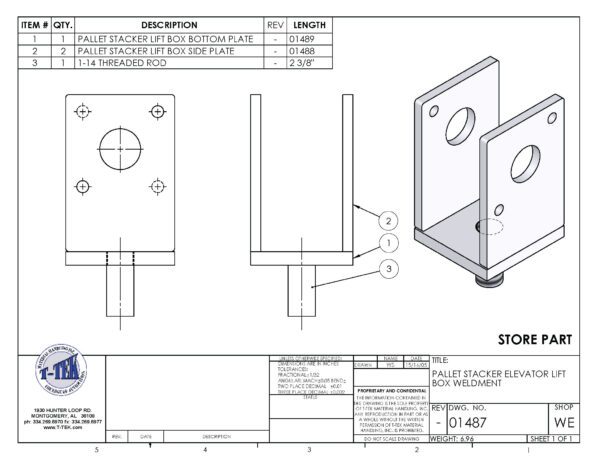 A drawing of the side view and parts for a box.