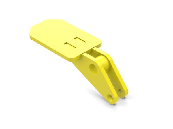 A yellow plastic object with two holes in it.