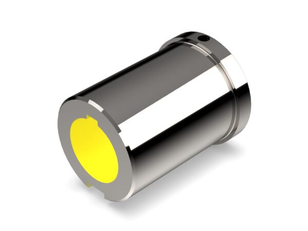 A yellow light is on in the middle of a silver cylinder.