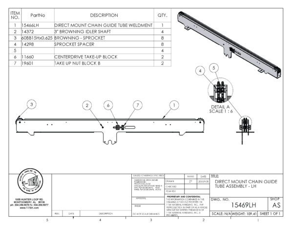 A drawing of the side view and parts for a long metal pipe.