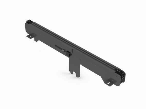 A black plastic rail with two pieces of metal.