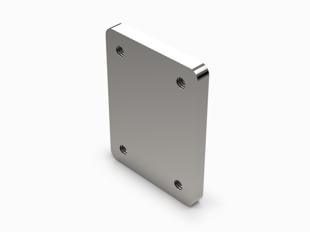 A metal plate with two holes on the side.