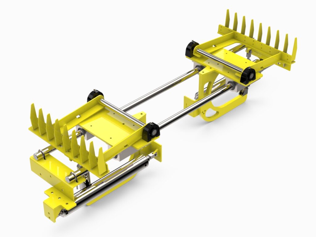 A yellow machine with metal parts attached to it.