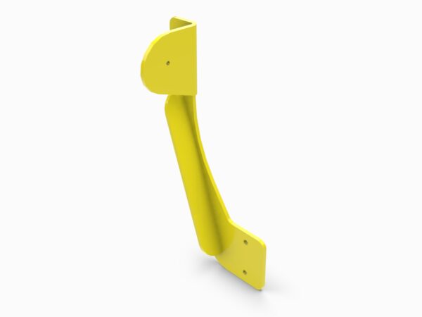 A yellow handle that is leaning up against the side of a wall.