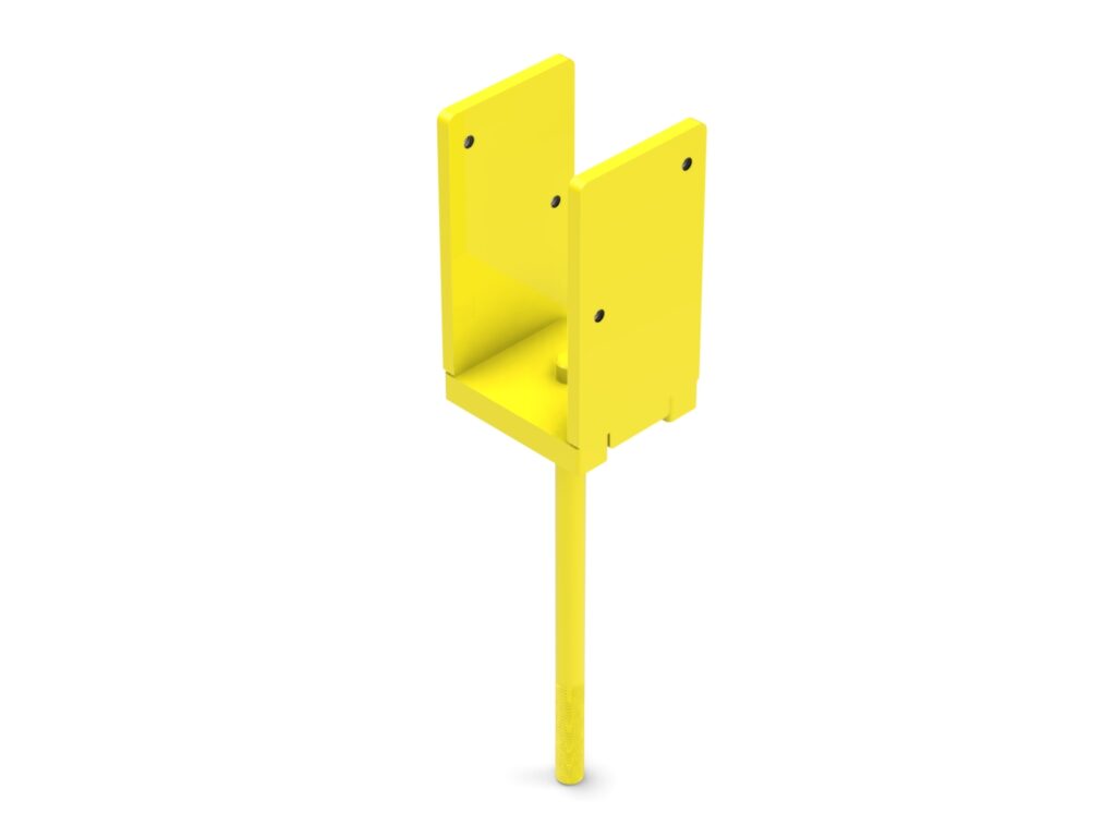 A yellow pole with two pieces of metal on it.