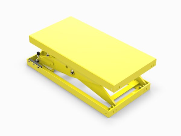 A yellow lift table with a small handle on the side.