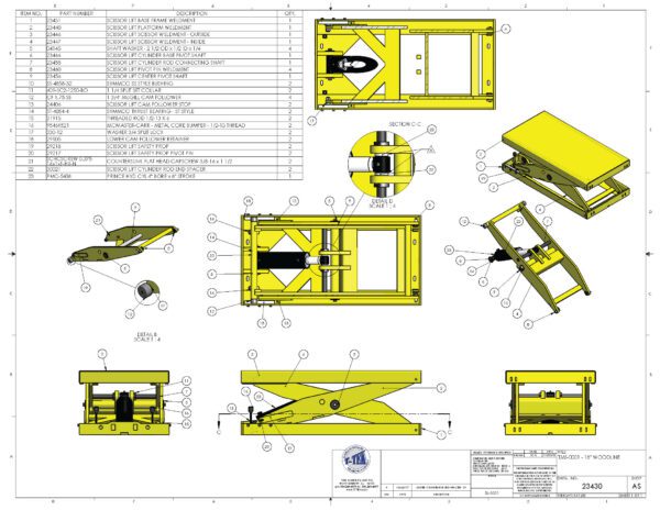 A drawing of some parts of a yellow scissor lift.