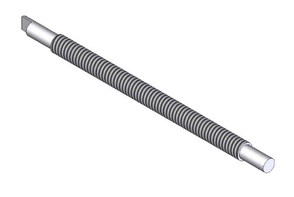 A drawing of a metal tube with a long handle.