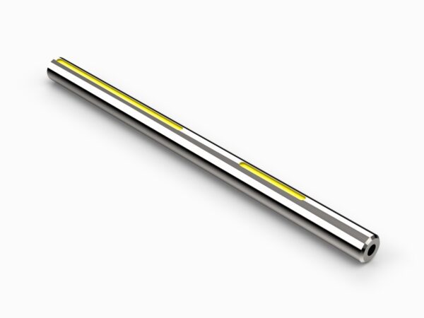 A metal tube with yellow light on top of it.