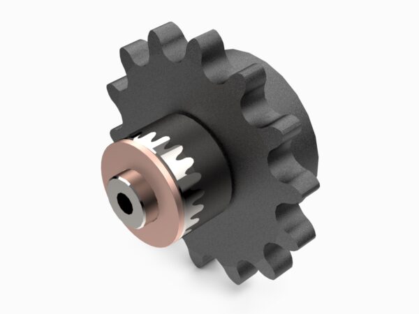 A black and silver gear with a copper hub