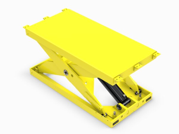 A yellow scissor lift with two wheels on it.