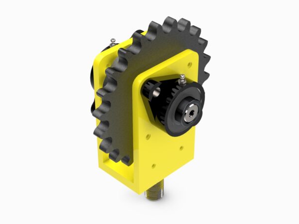 A yellow and black machine with a gear on top of it.