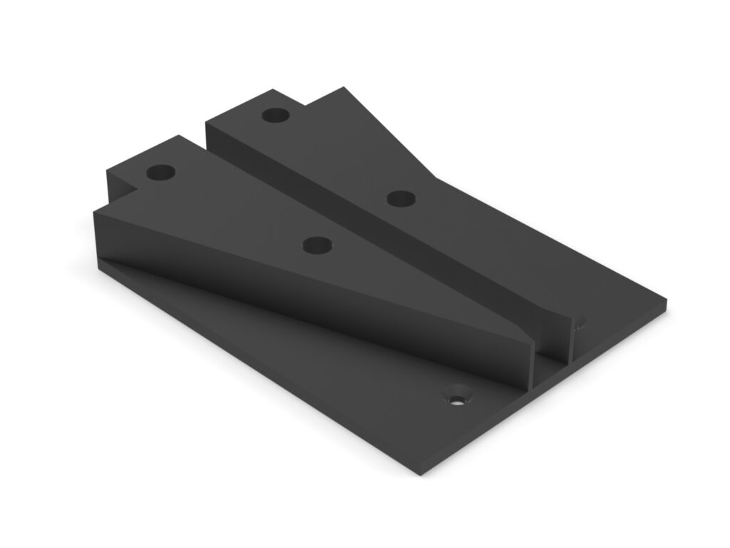 A black piece of metal with holes for mounting.