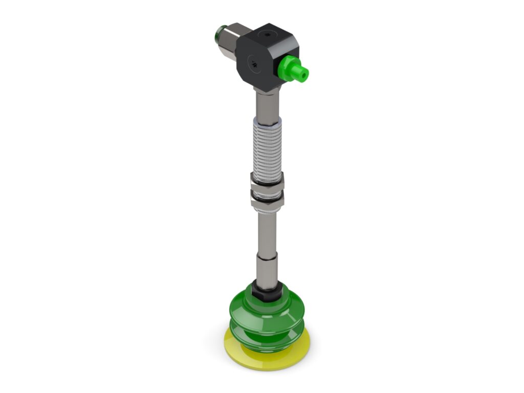 A green and black toy with a light on it