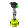 A green and black stand with a green knob.