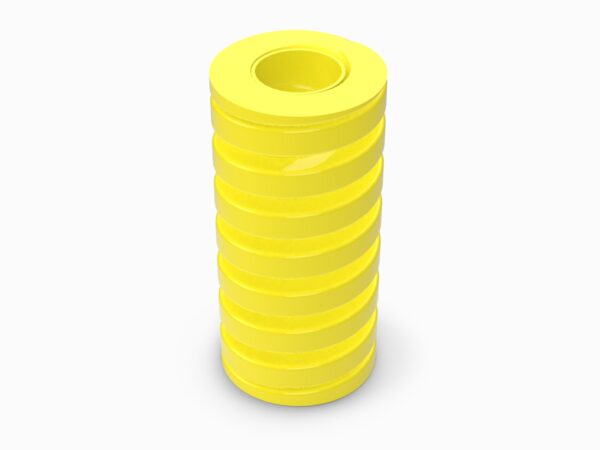 A stack of yellow plastic cylinders on top of each other.