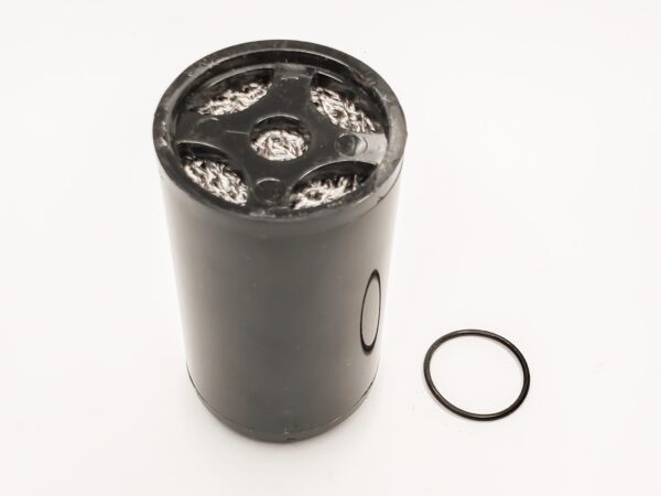 A black cylinder with a ring on top of it.