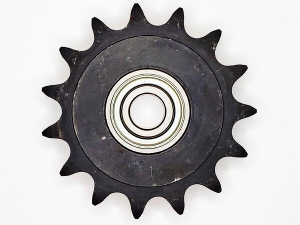 A black plastic wheel with a metal center ring.