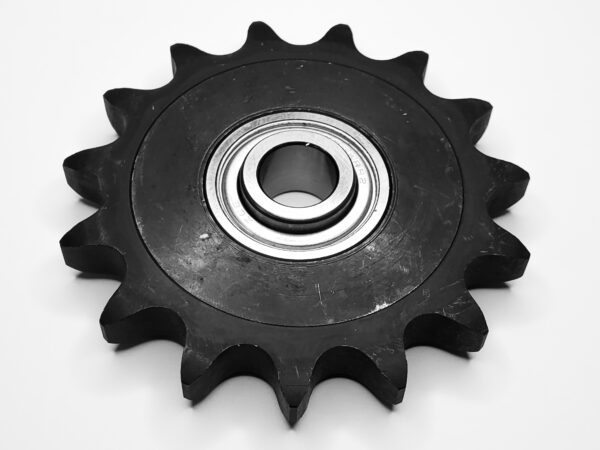 A black plastic wheel with a metal bearing.