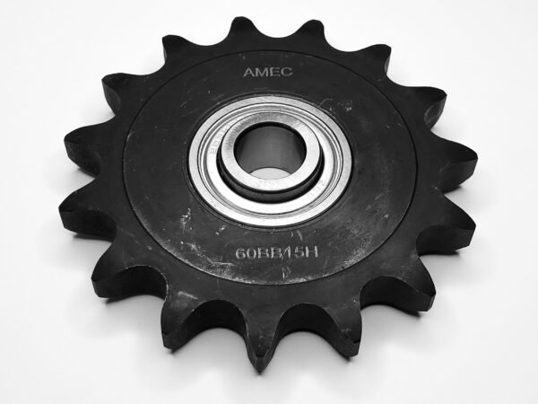 A black plastic wheel with a metal bearing.